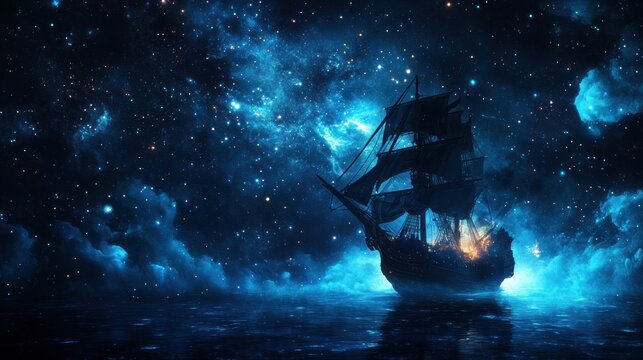 Mystical voyage ship sailing through starry night, illuminated by celestial glow