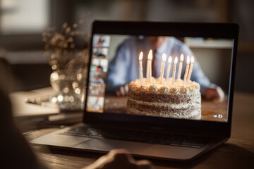 Happy birthday to an online entrepreneur Webcam cake with candles Quarantine social distancing isolation