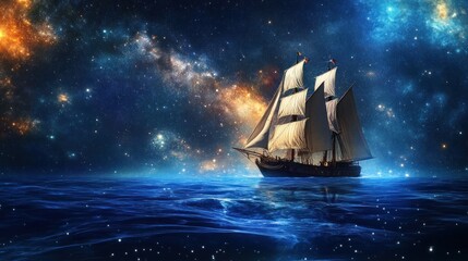 A majestic sailing ship navigates the cosmic ocean under a starlit sky adventure