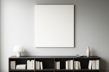 Minimalist interior scene with white blank canvas on wall above dark bookshelf filled with neutral books and ceramics in calm modern decor. Ai generative