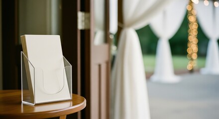 Blank wedding program mockup at an event entrance.
