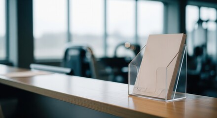 Blank brochure mockup in holder on a wooden gym reception desk.