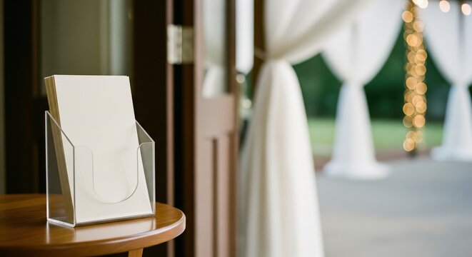 Blank wedding program mockup at an event entrance.