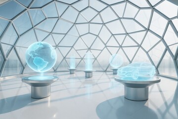 Futuristic holographic display of globe, car, and data structures inside a dome-shaped glass architecture with soft natural light background. Ai generative