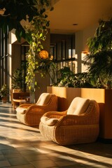 A quiet lounge with woven chairs, indoor greenery, and soft golden light Staff are resting with their eyes closed The mood feels gentle, Generative AI
