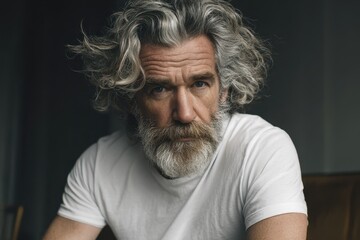 Obraz premium Emotional depiction of an older man with gray hair and a beard wearing a white shirt