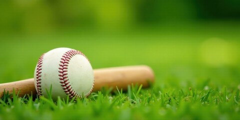 A baseball rests on lush green grass beside a wooden bat, ready for a game