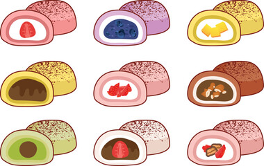 Colorful Mochi Dessert Set Illustrations with Sweet Fillings