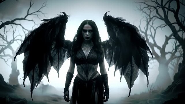 Dark Angel with black wings in a spooky forest, fantasy portrait.