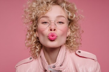 Close up portrait of a young attractive blonde woman with curly hair and glasses kissing at the camera against a pink background Fashion and shopping theme