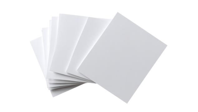 Stack of white, square sheets.  Several rectangular, blank, white pieces of material are layered, fanning outward.  They appear to be stiff or rigid