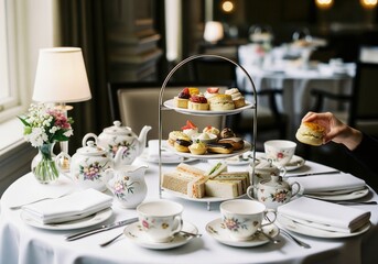 Fototapeta premium Traditional English afternoon tea with scones, sandwiches, and cakes