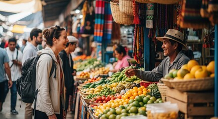 Tourist woman smiling with vendor at a vibrant local fruit market