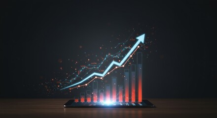E-commerce Growth and Financial Success: Dynamic Upward Trend Graph on Digital Tablet