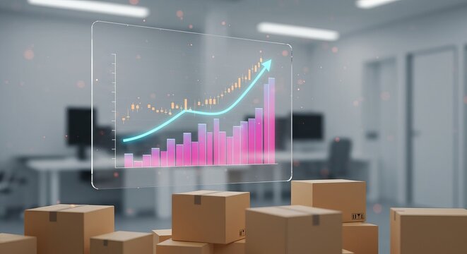 E-commerce Growth and Logistics Success: Digital Graph Showing Upward Trend with Shipping Boxes in a Modern Office - Powered by Adobe