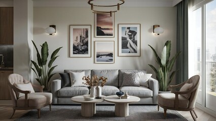 Elegant living room with plush sofa and art