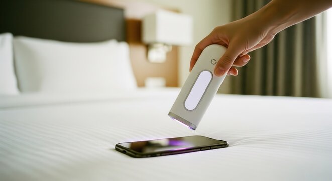 Hand using portable UV sterilizer to clean smartphone in hotel room.