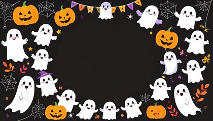 Cute ghosts and pumpkins frame a black background, perfect for Halloween
