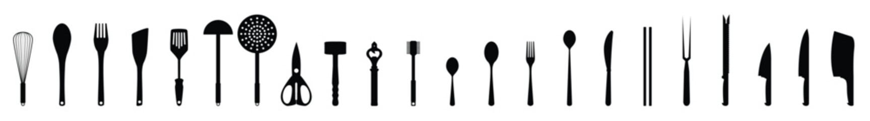Kitchen Utensils Silhouette Pack. Cooking Tools. A set of seven kitchen utensils including spoons spatulas a fork and a knife in a row on white background. vector illustration.