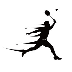 black and white silhouette of jumping smash badminton technique with white background