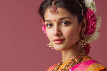 Image of a lovely Indian girl dressed in a traditional sari and floral jewelry