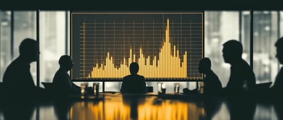 In a conference room, businesspeople talk about the market chart. The financial staff looks at the stock crisis data on a big screen. - Powered by Adobe