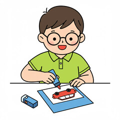 Cartoon children studying and coloring car pictures with crayons