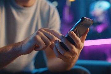 Close up of a man at home using a smartphone for gaming online competition or streaming social media and content