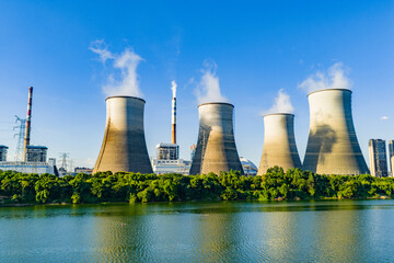 Thermal power plant under blue sky and white clouds