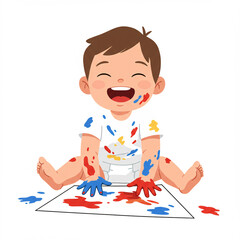A happy little boy with a book and a toy airplane is painting and drawing for fun