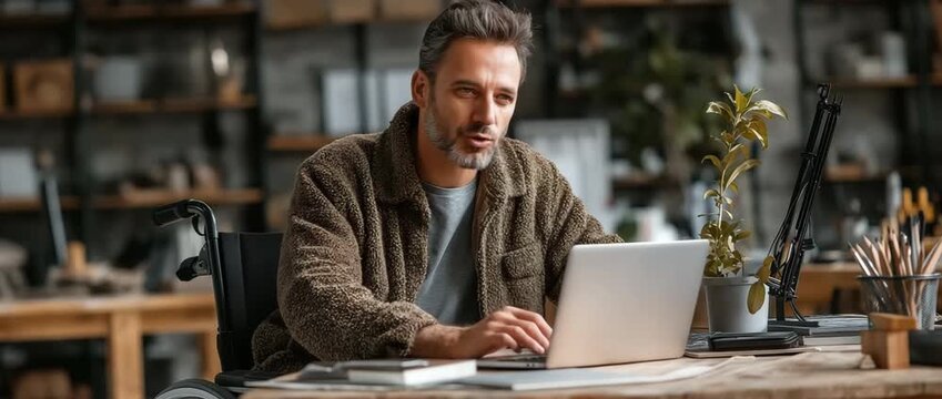 A disabled man in a wheelchair using a laptop at his desk at work