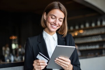 Obraz premium Businesswoman displaying a tablet and credit card