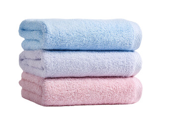 Stack of soft, light-colored towels.  Three folded bath towels, light blue on top, and a slightly lighter shade of pink underneath, stacked neatly.  A soft texture is evident