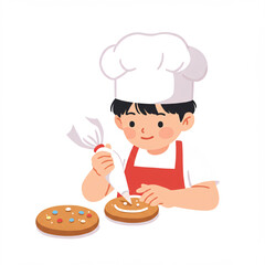 A cheerful cartoon chef in a uniform and hat holds a delicious pizza and a freshly baked cake, ready to serve a gourmet meal