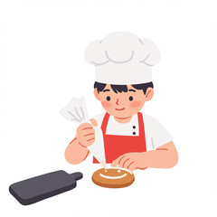 Vector cartoon illustration of a happy baker in a uniform and a hat serving a freshly baked gourmet pizza and a delicious cake in a restaurant kitchen