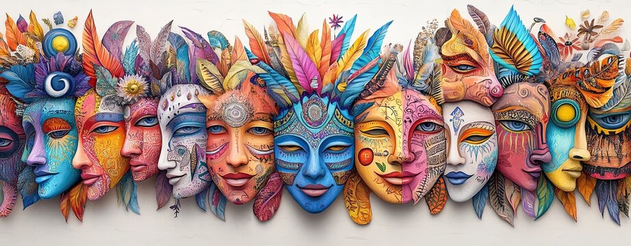 Colorful masks representing diverse cultures