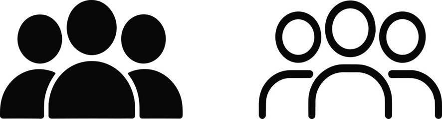 Minimalist group icon design, people team symbols, solid and outline styles, modern UI avatar set, business community concept illustration