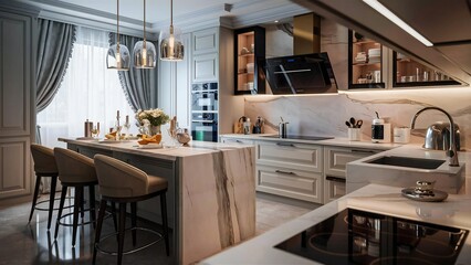 Luxurious modern kitchen island with bar stools and elegant cabinetry