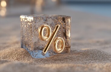 Close-up of a weathered concrete block with a large yellow percentage symbol embedded in sandy ground under natural daylight