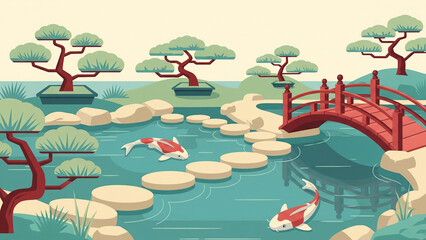 Vector Illustration of a Zen Japanese Garden with Koi Fish and Red Bridge