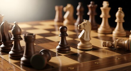 Chess game in progress on wooden board
