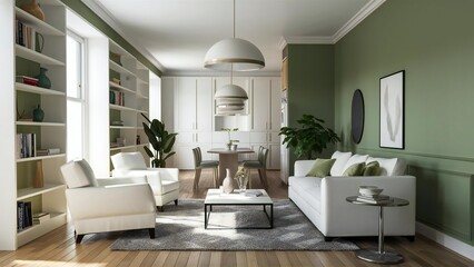 Elegant living room with green walls and white furniture