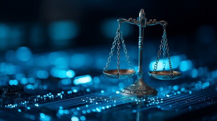 Symbolic scales of justice balanced over glowing circuit board signifying digital law and cybersecurity balance