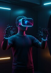 Cinematic Shot of a Person Immersed in Virtual Reality Gaming, Wearing VR Headset and Haptic Gloves in a Neon-Lit Futuristic World