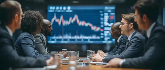 In a conference room, businesspeople talk about the market chart. The financial staff looks at the stock crisis data on a big screen. - Powered by Adobe