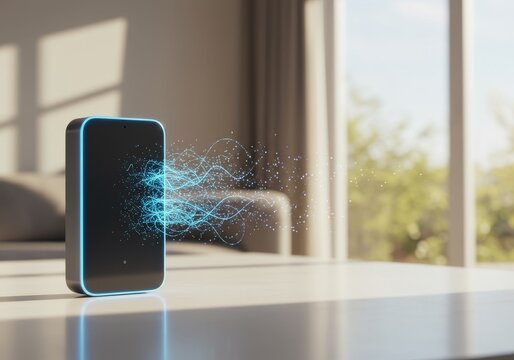 Sleek Smart Home Device with Glowing Digital Data Flow in Modern Interior, Representing AI, IoT, and Future Connectivity