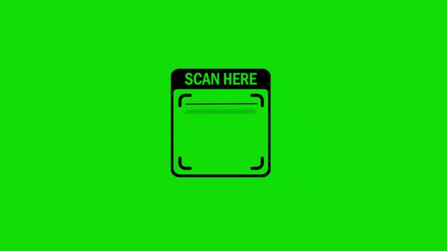 Scan here QR frame animation on green screen background, digital scanning box with corner markers, technology scan window for barcode or QR code overlay, futuristic HUD style interface