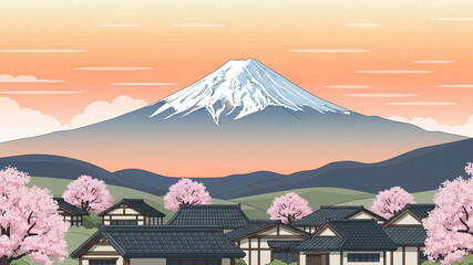 Stylized View of Mount Fuji with Traditional Japanese Village and Cherry Blossoms