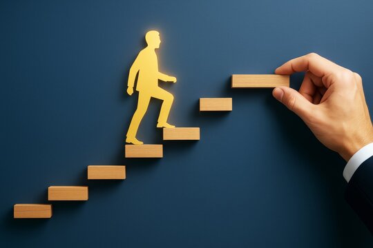 Businessman silhouette stepping up wooden blocks with assistance on dark blue background, symbolizing career growth and success concept.