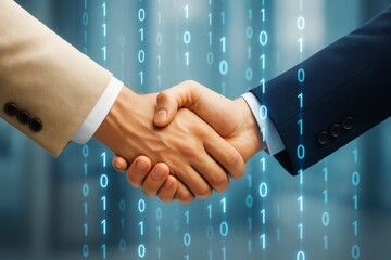 Business handshake of two professionals in suits with binary code overlay symbolizing digital partnership and innovation in technology background.